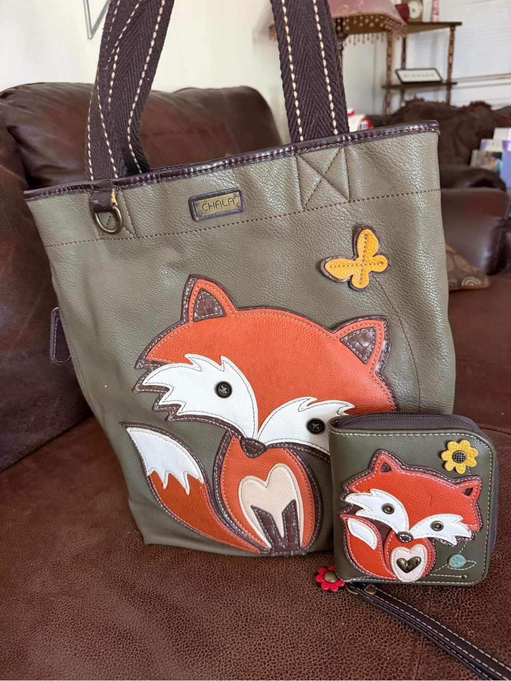 Chala Olive Green Fox Appliqué Tote Bag with Matching Wallet